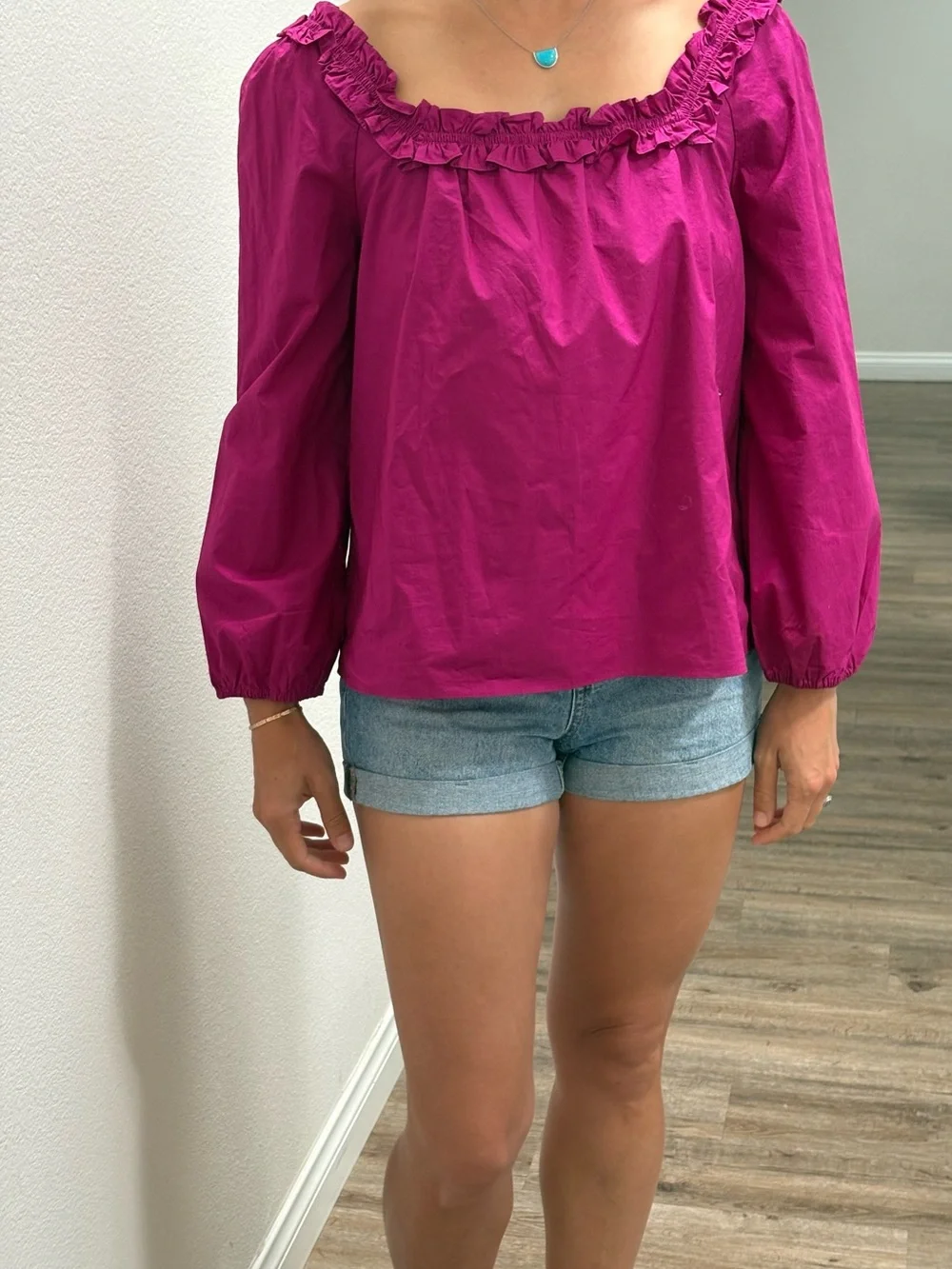 J. Crew Cotton  Ruffled Square-Neck Blouse in Magenta Pink
